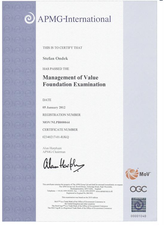 certifikát MoV - Management of Value Foundation Štefan Ondek